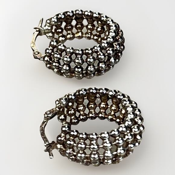 Sterling Silver Beaded Hoop Earrings – Ball Bead Granulated Design – Italy- 6.0g - Picture 2 of 13